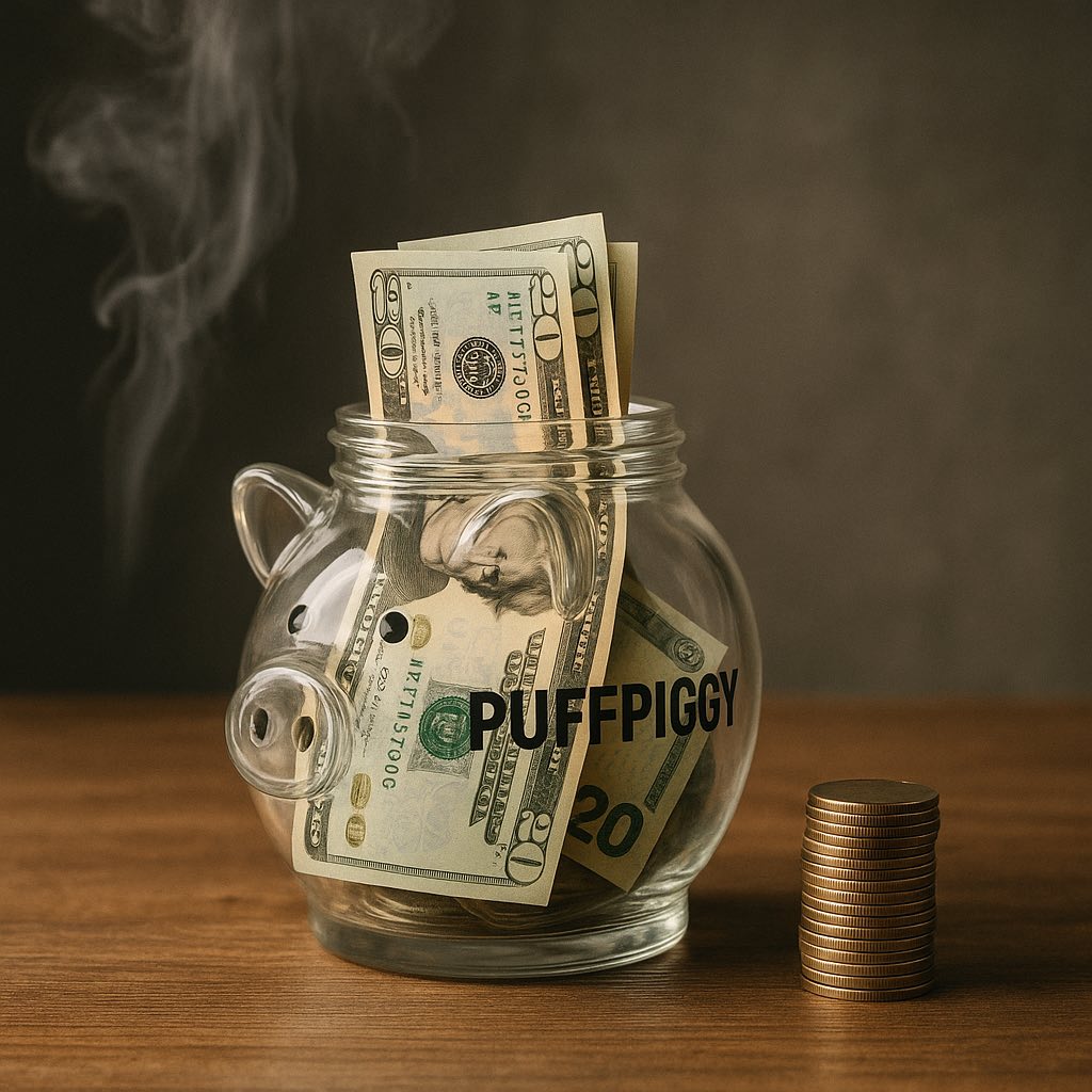 Glass piggy bank full of cash with smoke — PuffPiggy