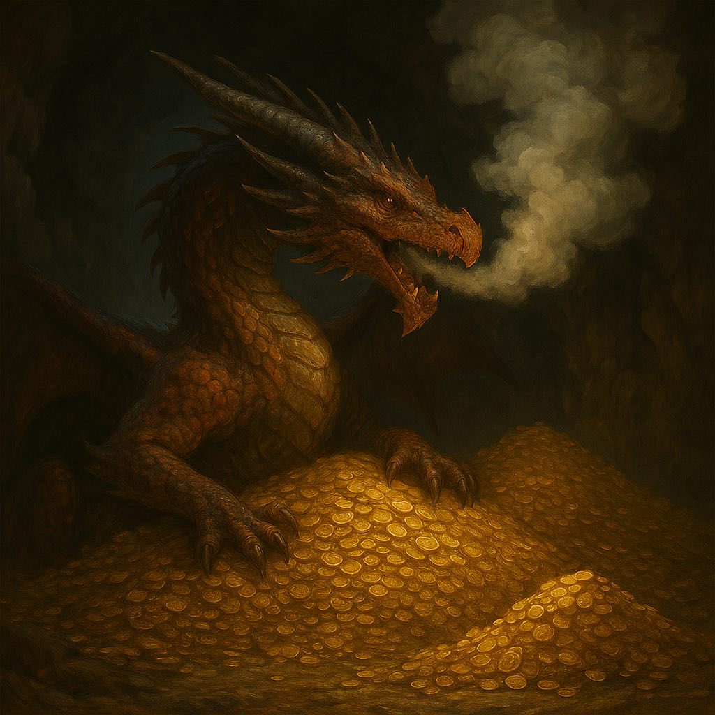 Smoke-breathing dragon guarding a hoard of gold coins in a dark cave — PuffPiggy